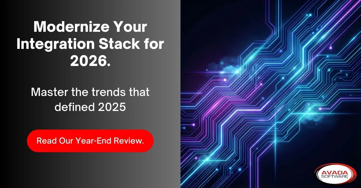A promotional graphic for the Best of 2025 Middleware Collection. The left side displays the headline 'Modernize Your Integration Stack for 2026.' and subheader 'Master the trends that defined 2025' The right side features a sleek, abstract technology design with glowing nodes and data pathways.
