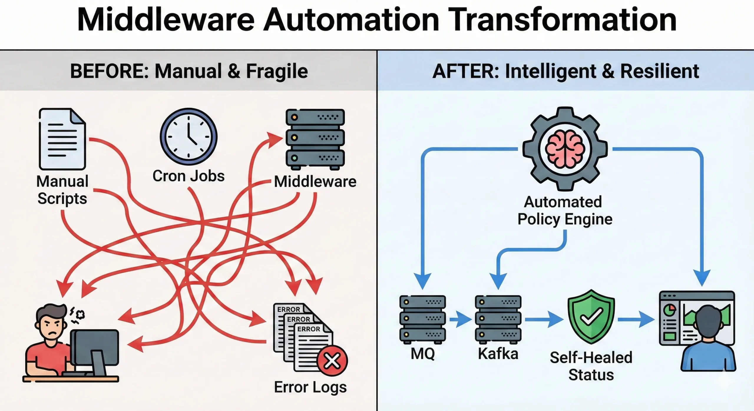 manual-scripts-vs-intelligent-automation Diagram comparing fragile manual scripting versus modern intelligent middleware automation.