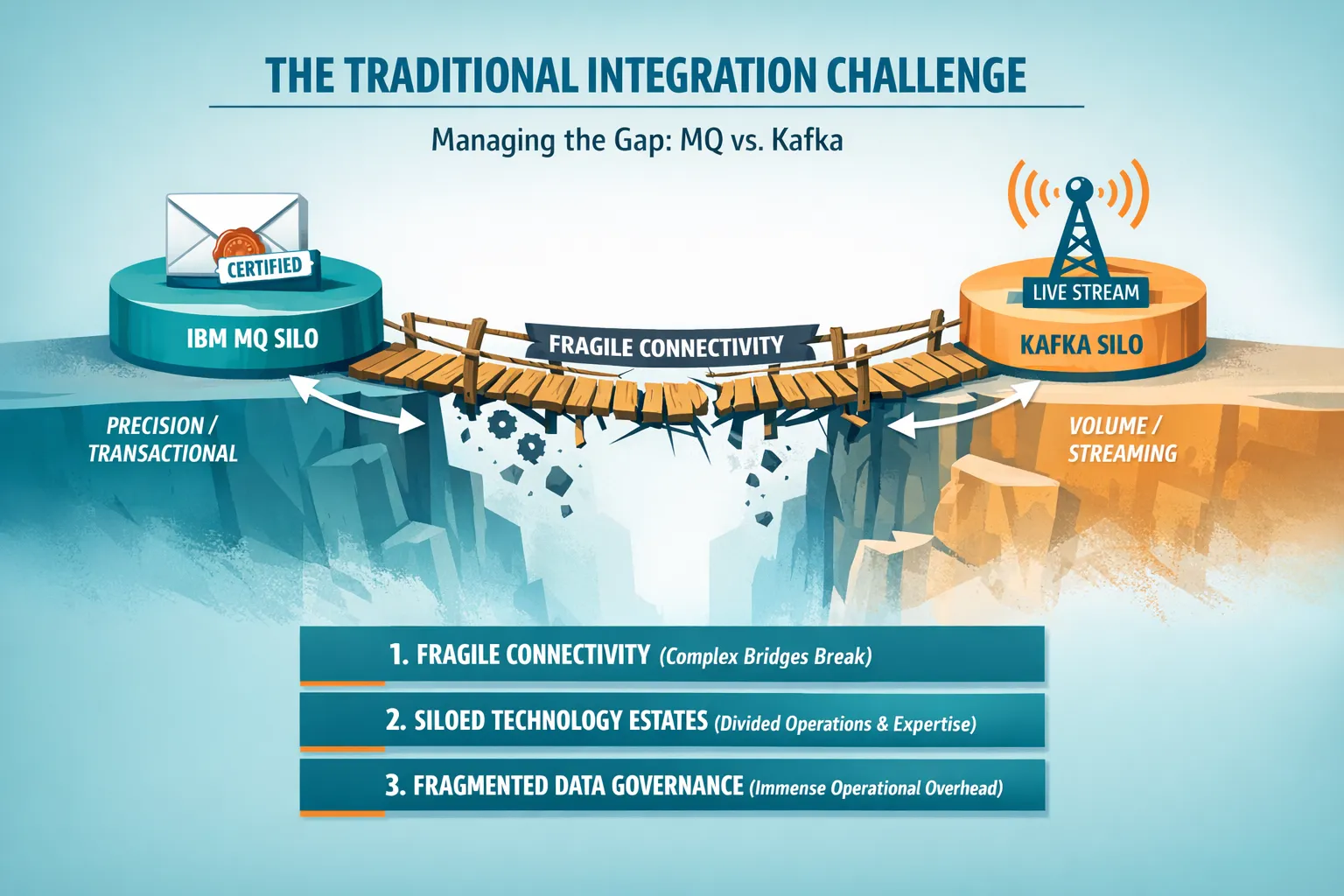 An illustrated infographic titled The Traditional Integration Challenge: Managing the Gap between MQ and Kafka. It depicts a fragile, breaking bridge spanning a chasm between an IBM MQ silo handling transactional precision and a Kafka silo handling streaming volume, highlighting the risks of siloed technology estates and fragmented data governance.