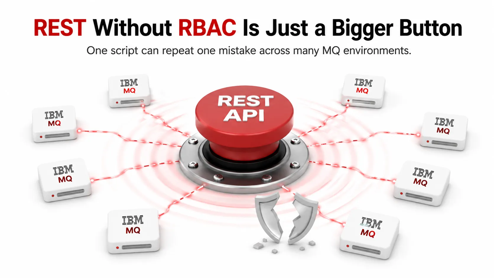 Large REST API button connected to multiple IBM MQ environments with a broken security shield, representing the risk of automation without RBAC.