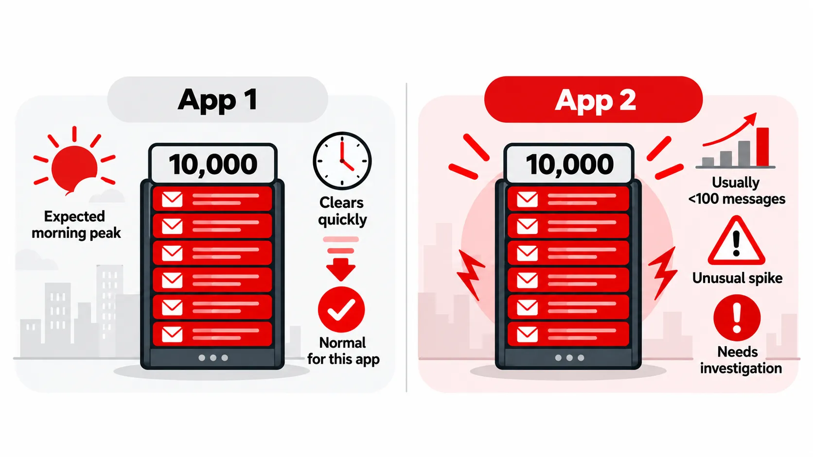 Two applications each showing 10,000 queued messages, with one representing a normal peak and the other an unusual spike.