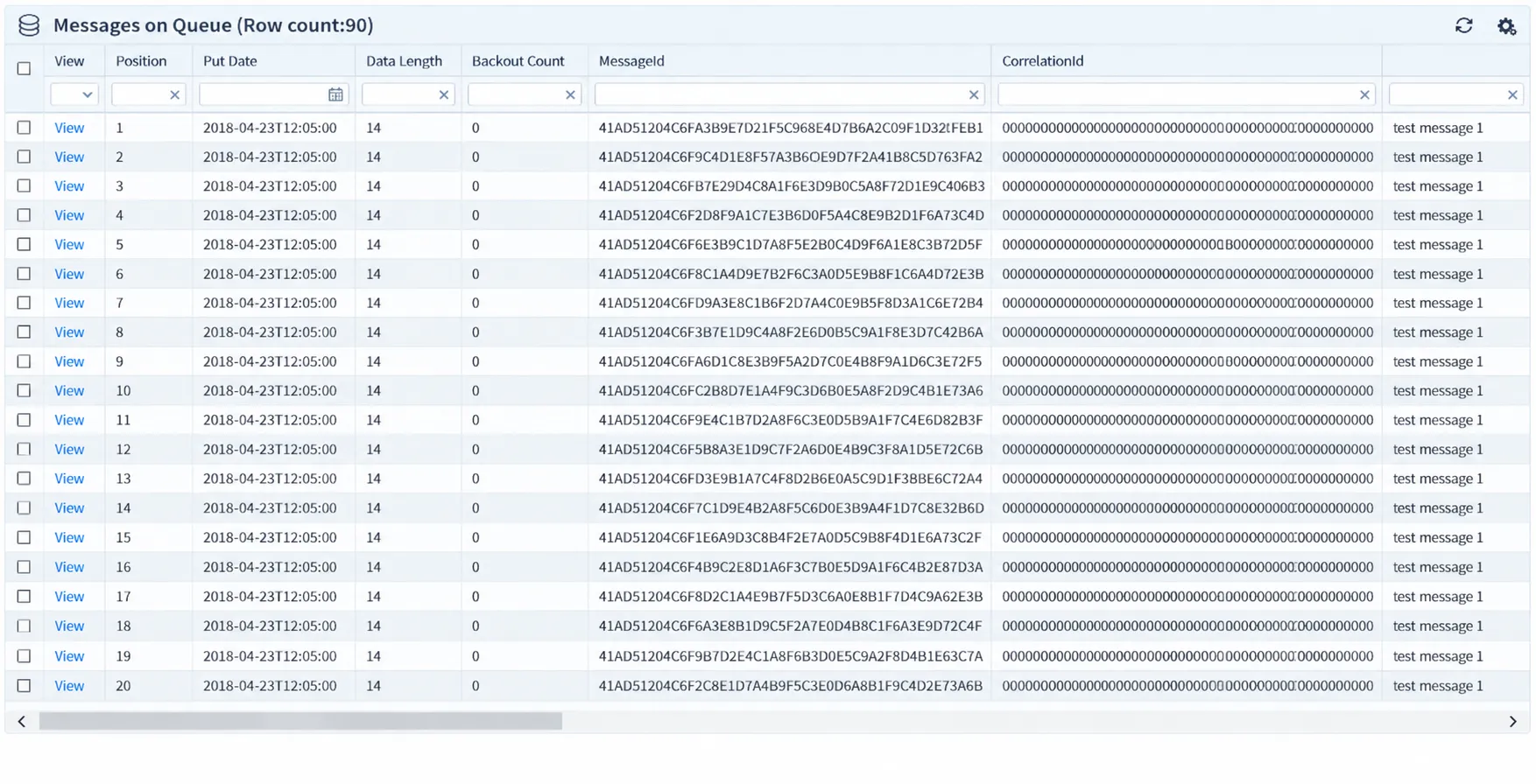 IBM MQ queue browser showing message IDs, correlation IDs, timestamps, and message contents.