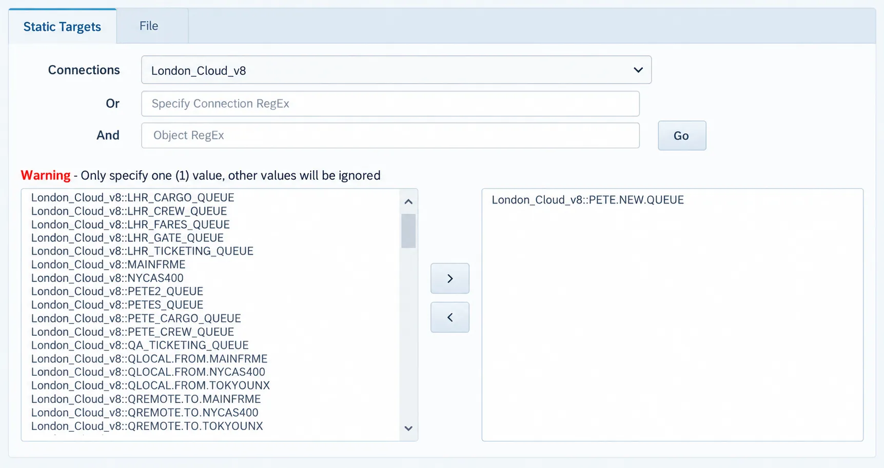IBM MQ interface for selecting a destination queue when copying or moving messages